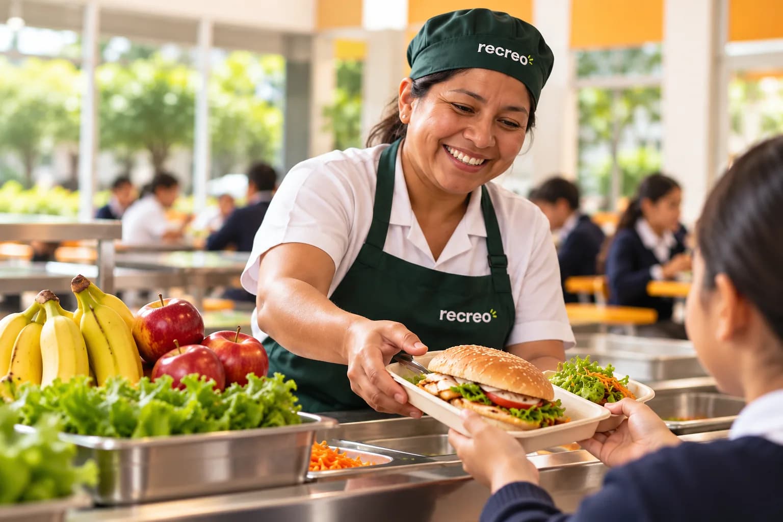Una trabajadora de cafetería entrega un sándwich a un estudiante.
